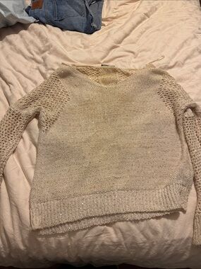 Light Cream Open-Knit Women's Sweater, oversized with sequins